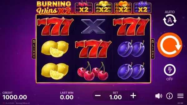 Burning Wins Slot title screen with fruit symbols around the logo and a Play button at the bottom