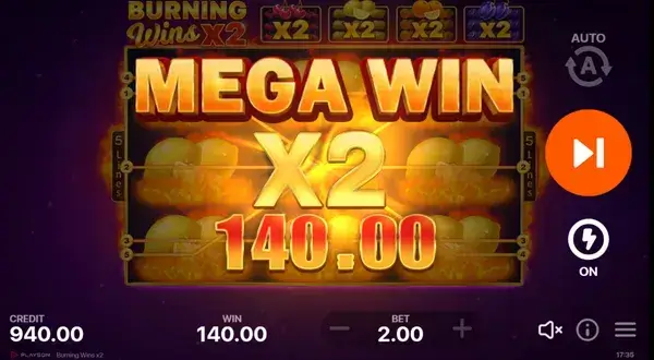 Burning Wins Slot three by three reels with a single active payline highlighted across the screen