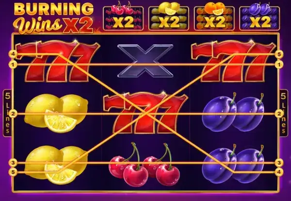 Burning Wins Slot paytable screen with fruit icons, bell and top red seven symbol